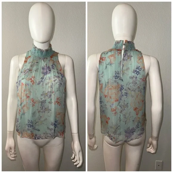 ALICE + OLIVIA *Lilian* seafoam green floral sleeveless mock neck blouse top XS - Picture 3 of 5